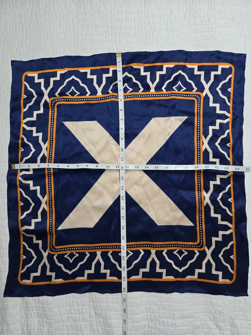 Silk-Feel Navy & Beige Geometric Scarf with Orange Trim